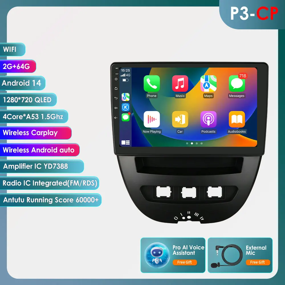 Hizpo Autoradio voor Peugeot 107 2005-2014 Citroen C1 Toyota Aygo Audio Multimedia Speler CarPlay Android Auto GPS WIFI Autoradio
