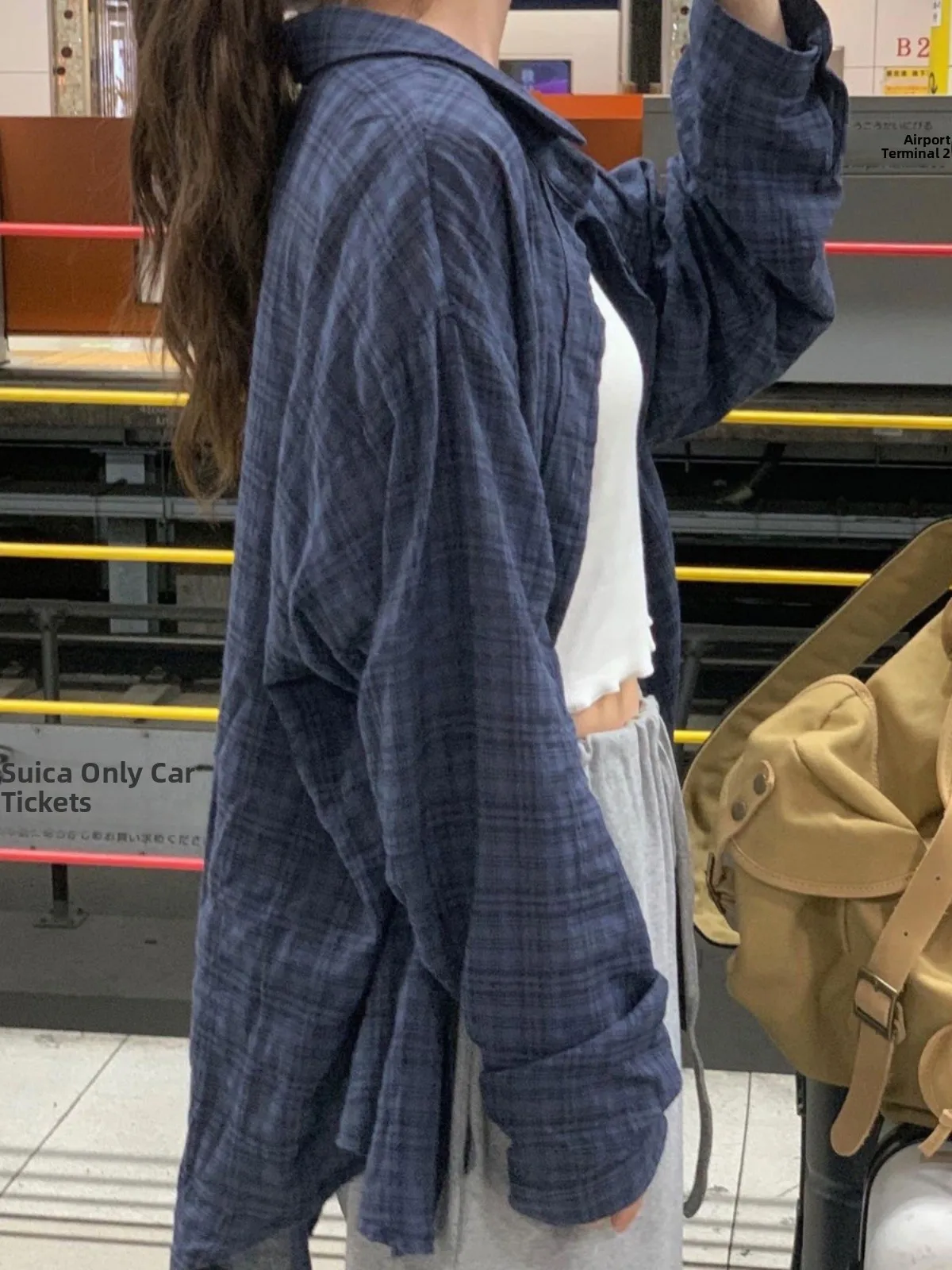 

Retro Plaid Loose Women's irt 2025 Ultra ular Sun Protection Thin Outerwear Top Korean Sle Long Sve Collar