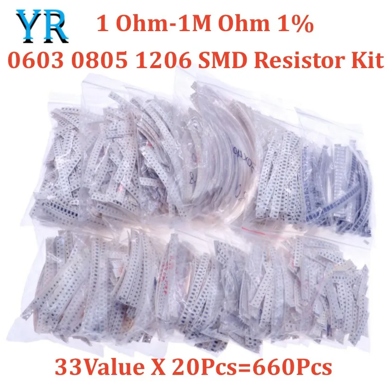 Kit surtido de resistencias SMD 0603, 0805, 1206, 1 Ohm-1M Ohm, 1%, 33, valor X 20 piezas = 660 piezas, Kit de Muestra