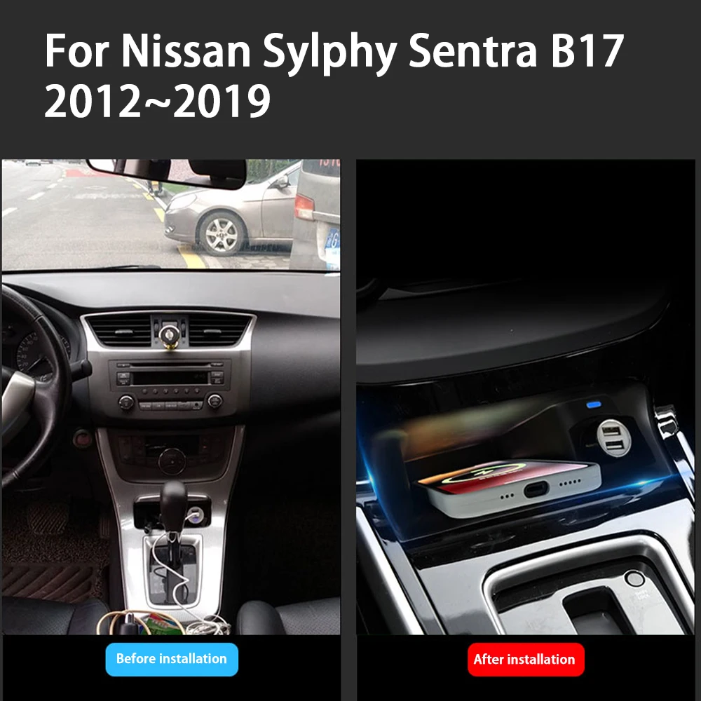 Car Wireless Mobile Phone Charger Center Console Storage QI 18W iPhone fast charge for Nissan Sylphy Sentra B17 2012–2019