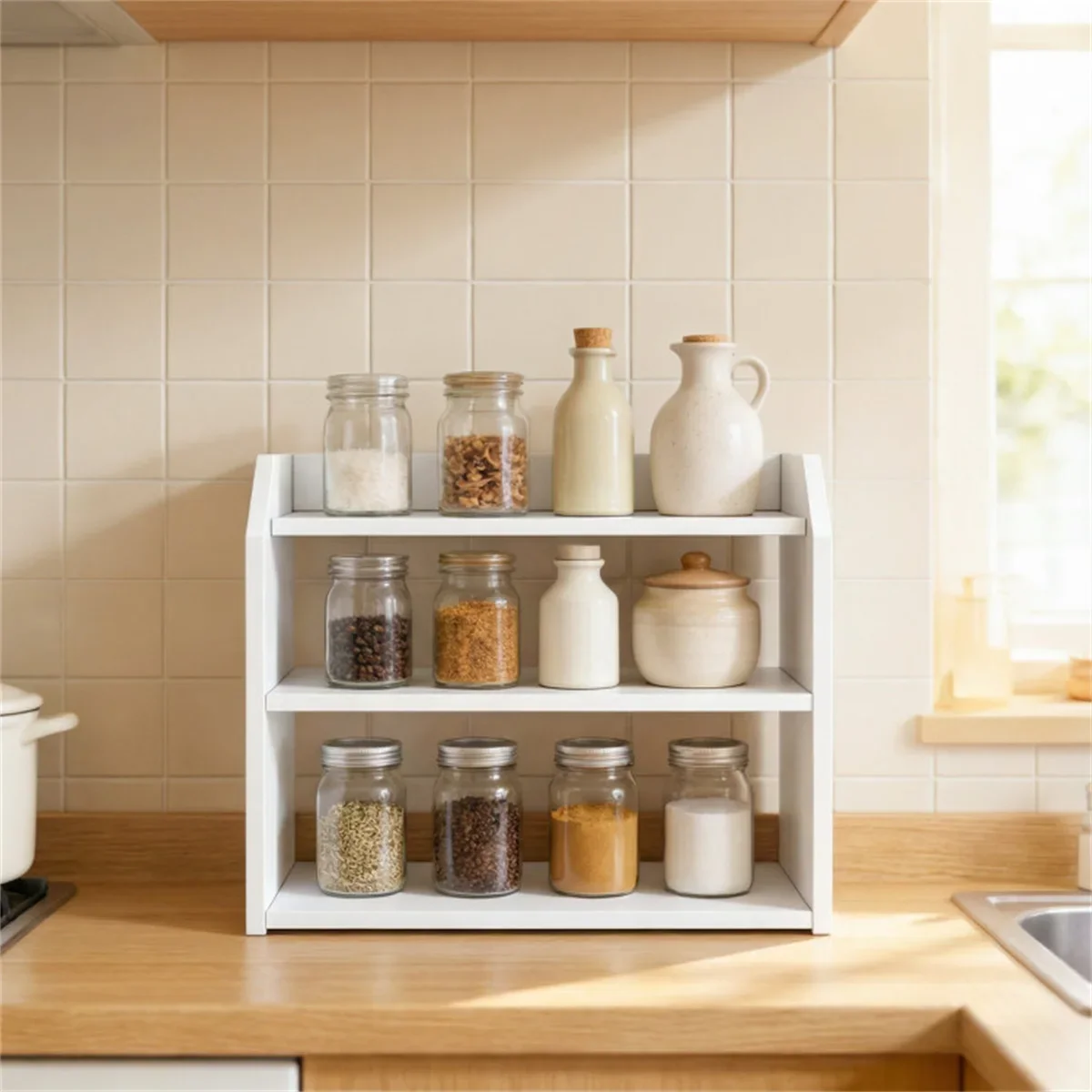 

3-Tier Desktop Storage Shelf, Raised Guardrail Anti-Fall Tabletop Organizer for Home Office