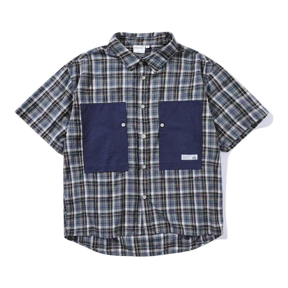 Men Summer Splice Bocket Japanese Streetwear Cityboy Loose Casual Short Sleeve Plaid Shirts Women Oversized Blouses Unisex Shirt