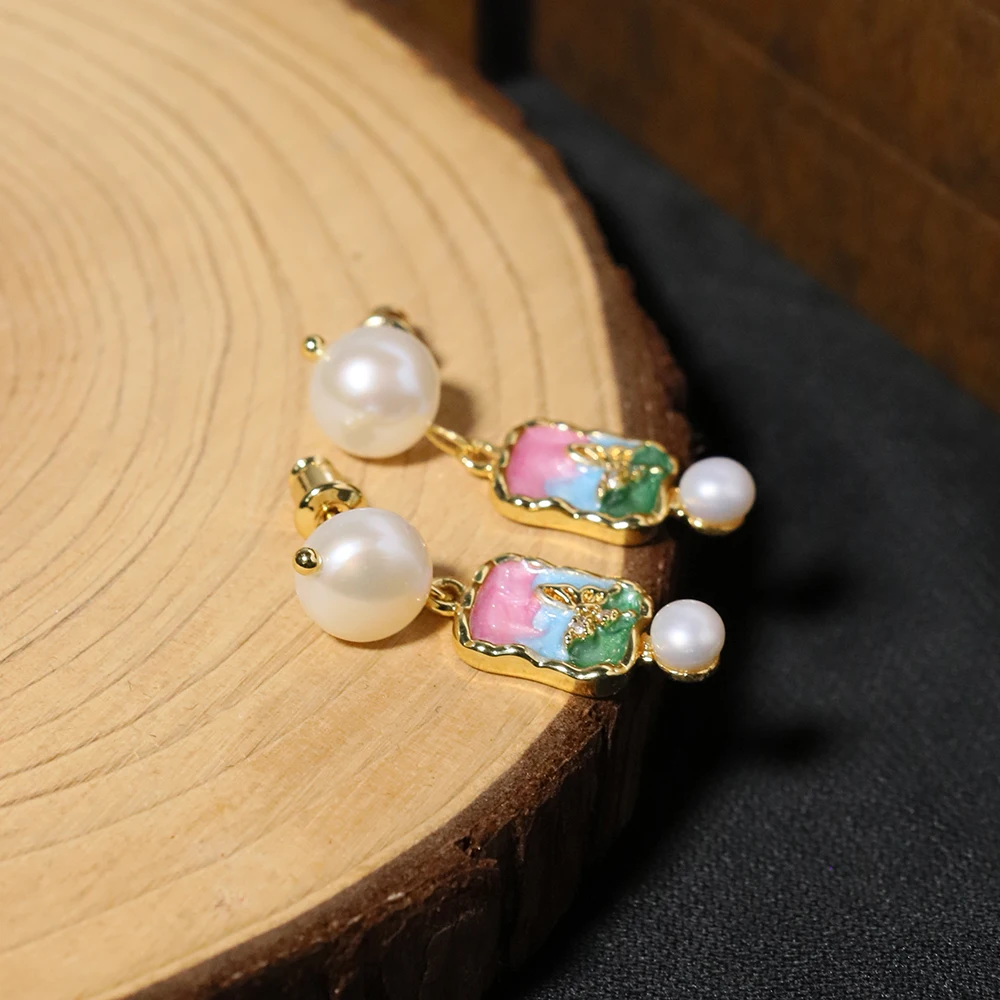Natural Freshwater Pearl Oil Painting Earrings Korean Style Women Luxury Jewelry Fashion Ladies and Girls Gift GE1571