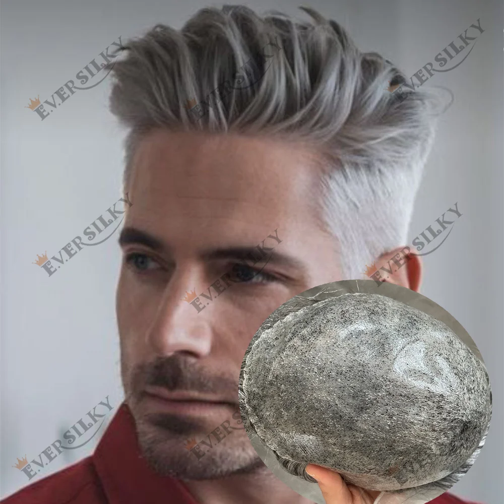 

0.1mm PU Old Men Toupee 1b40 1B80 Grey Indian Human Hair Top Quality Full Thin Skin Male Capillary Prothesi 130%Density Wig Hair