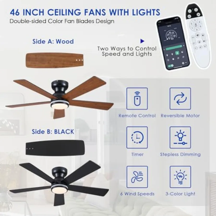 Ceiling Fans with Lights - 46" Flush Mount Ceiling Fan with Remote APP, RGB+3CCT Dimmable Led Light, Reversible 6 Wind Speedsan view 3