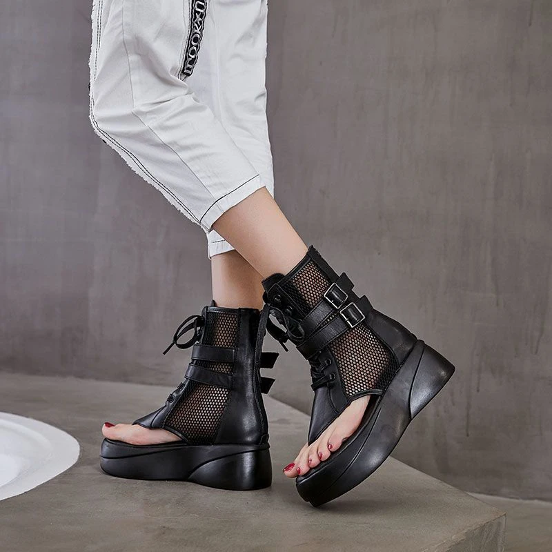 Punk Roman Platform Sandals for Women Cool Boots Mesh Breathable Sandals Korean Hollow Model Gladiator Shoes Summer New 2024