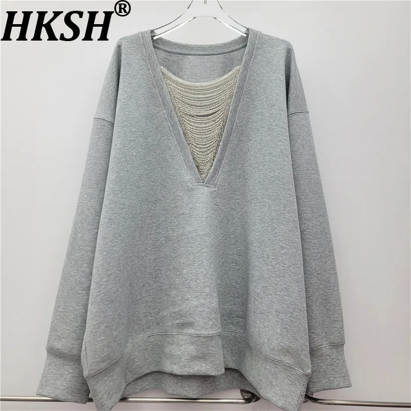 

HKSH осень-зима новый женский свитшот пуловер с v-образным вырезом тяжелый ремесленный бисер с длинными рукавами элегантные трендовые топы High Street HK15603