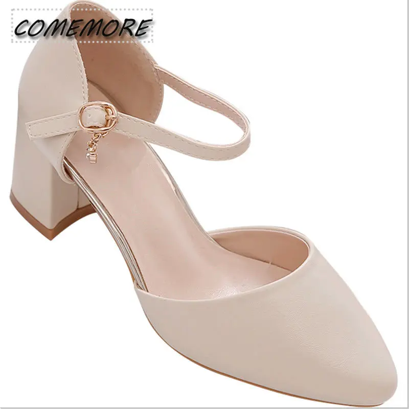 2023 Spring New Single Shoes Block Mid Heels Women\'s Pumps Ankle Strap Buckle Pointed Toe Footware for Office Lady Beige Apricot