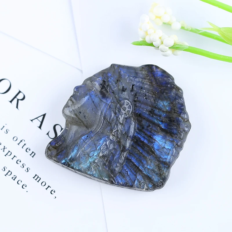 Natural carving  Shining Labradorite Indians Handcarved ornaments Energy Lucky Stone36x34x10mm18.4g