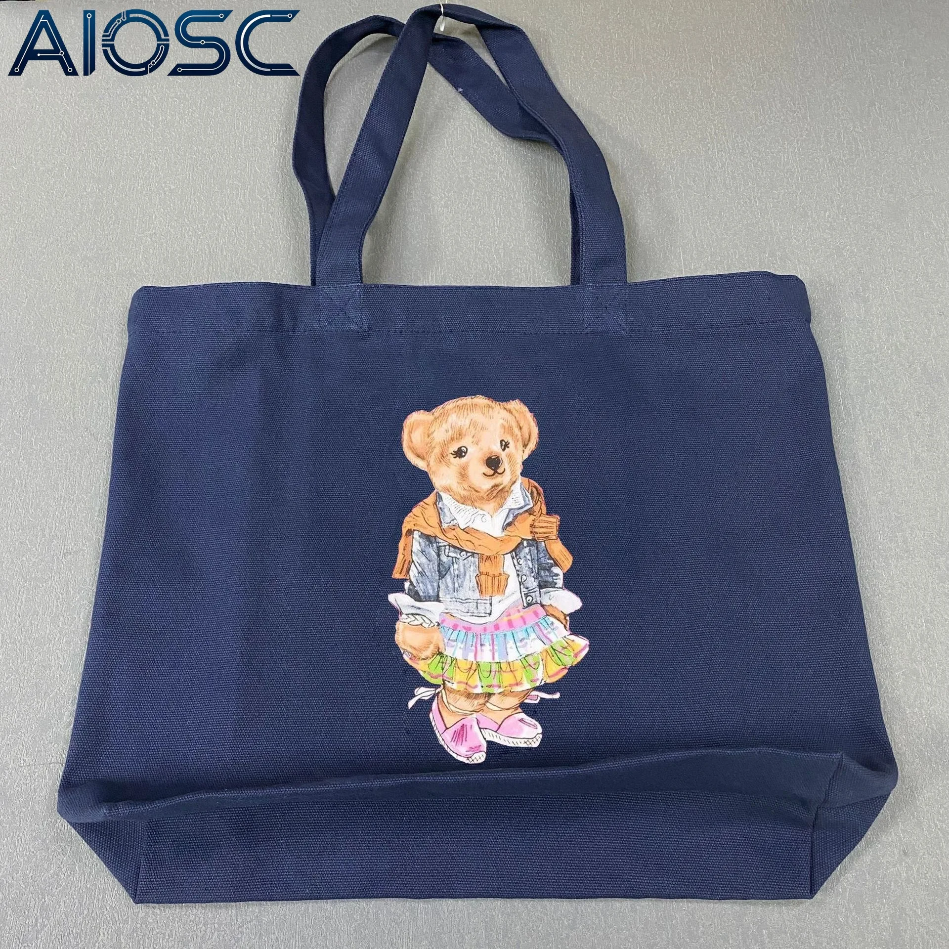 Navy Canvas Tote Bag Girly Skirt Bear Print Soft Sturdy Fabric Large Capacity Student Class Daily Shopping Shoulder Handbag
