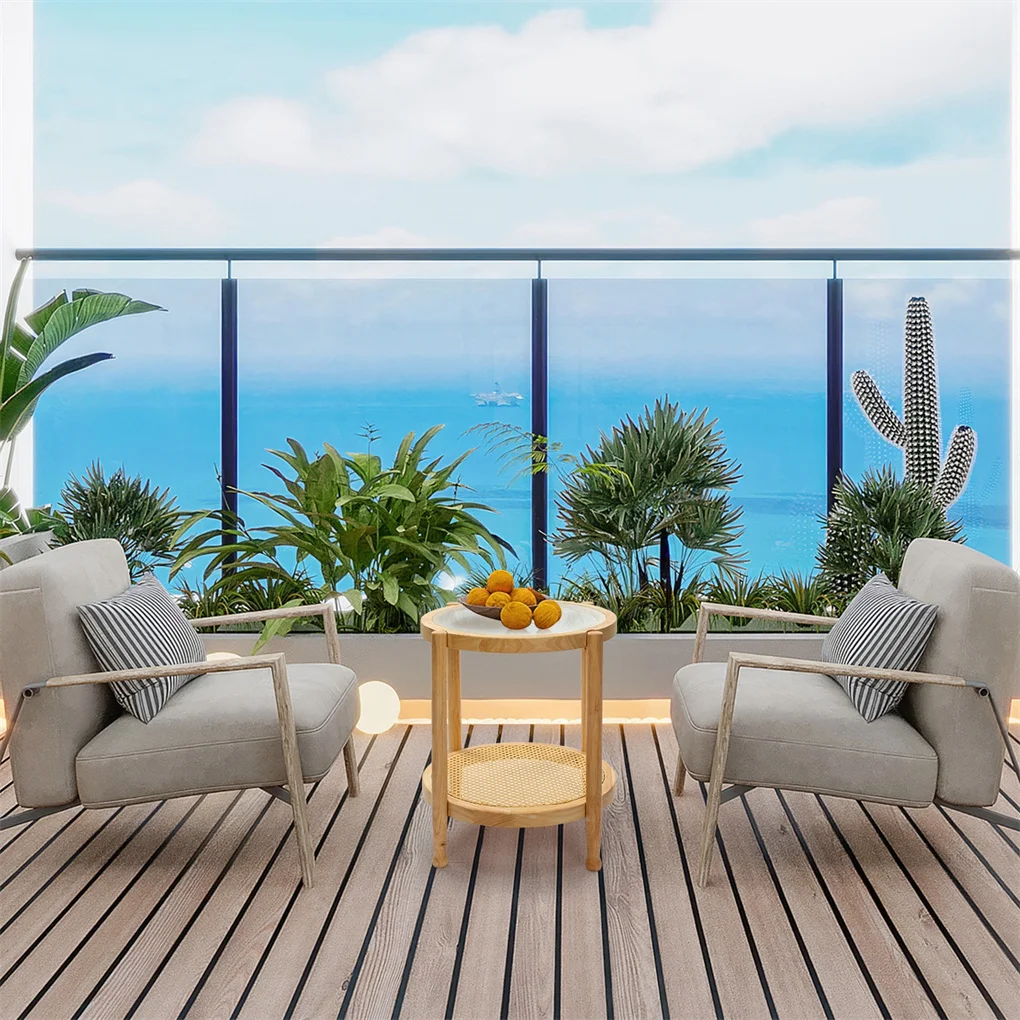 19.7in Rattan Coffee Table with Glass Top, Small Round End Table, Boho Style Side Table Sofa End Table for Living Room Balcony