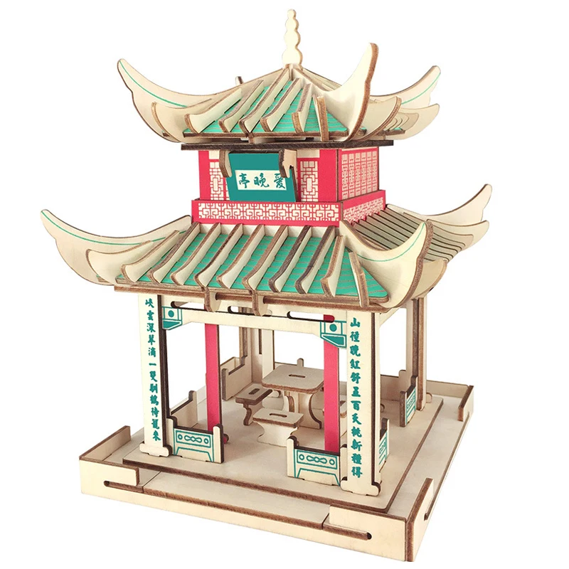 3D Wooden Puzzles Chinese Pavilion DIY Assembly Model Kits Famous Architecture Jigsaw Kids Toys For Children Christmas Gifts