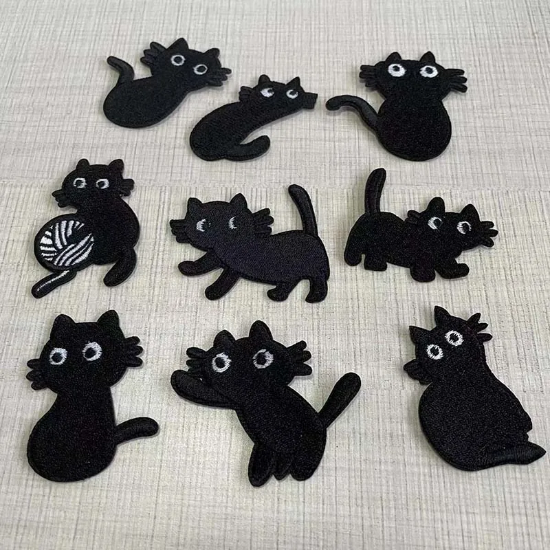 9PCS Cartoon Iron On Patches Set Black Cat Embroidery Applique Badge Patch,Funny Cat Heat Transfer Stickers For T Shirt,Clothing