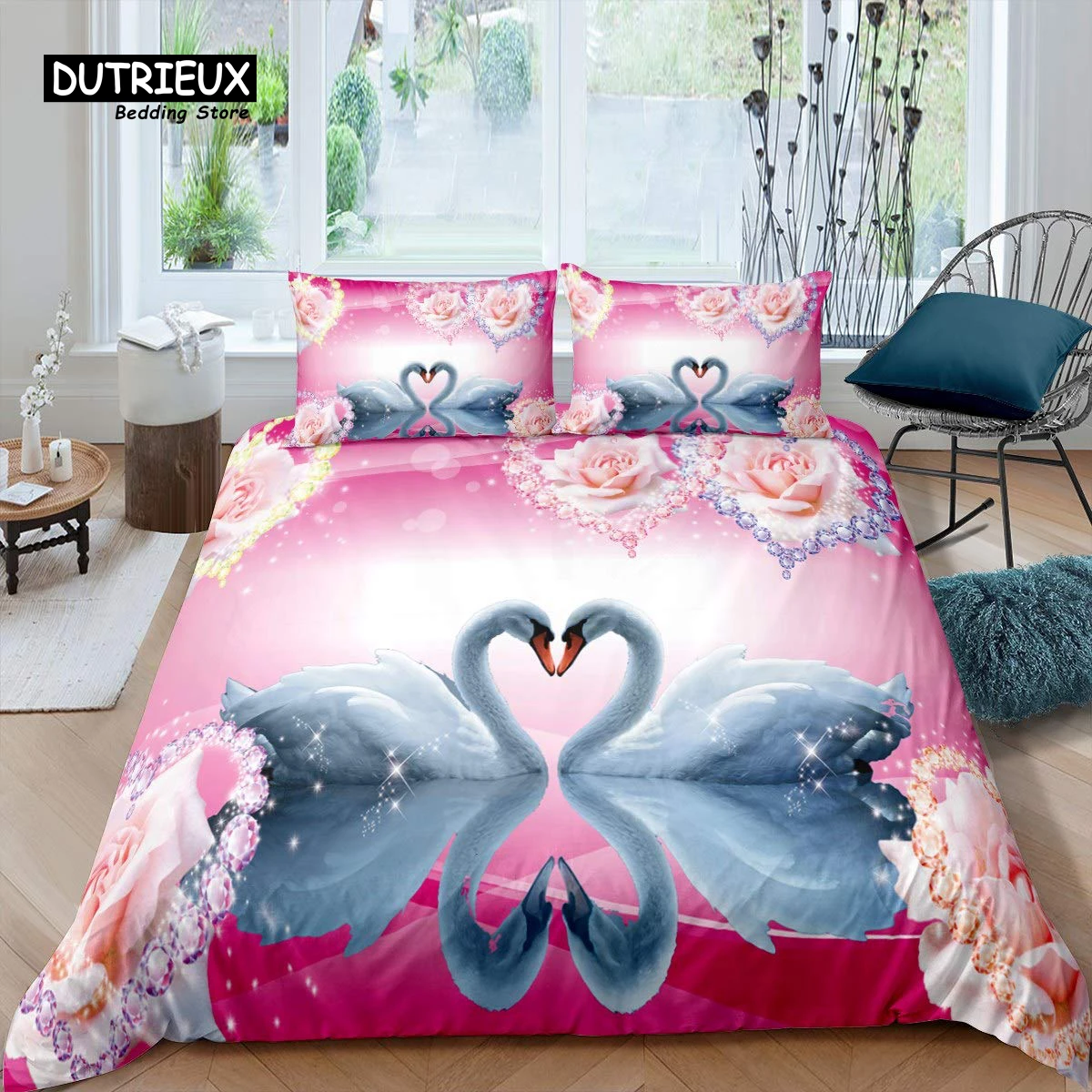 

Swan Bedding Set Romantic Flowers Duvet Cover King Birds Wildlife Quilt Cover for Couple Lady Man Wedding Festival Party Decor