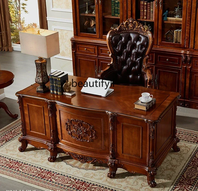 

SS American solid wood desk European high-end boss, office desk and chair combination retro study New Light Luxury