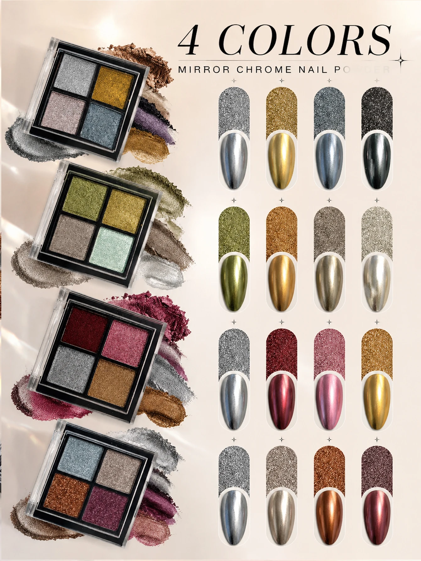 4-color solid magic mirror nail powder colored gold, silver, and chrome mirror nail art with glitter and chrome powder decoratio