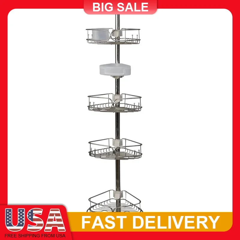 

4 Tier Adjustable Tension Pole Shower Caddy Stainless Steel Corner Shelf Organizer Rustproof Bathroom Storage