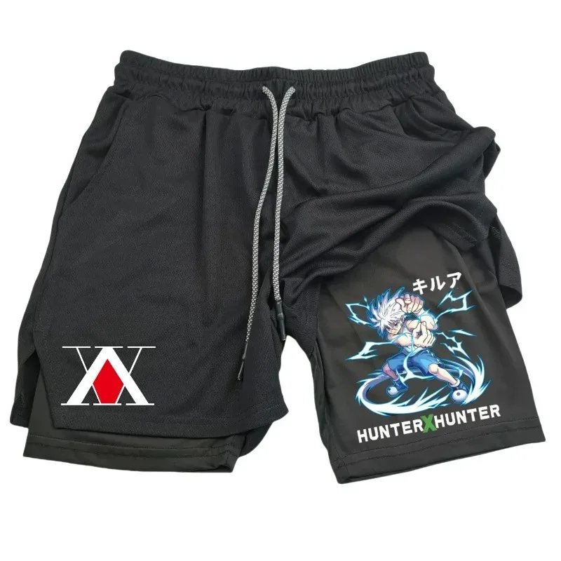 Mens 2in1 Running Shorts with Phone Fashion Pockets Towel Loop Anime Print Lightweight Athletic Gym Workout Compression Shorts
