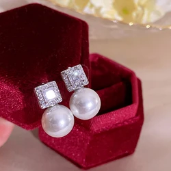 2024 New Elegant Square Zircon Imitation Pearl Stud Earrings for Women Girls French Romantic Bride Wedding Accessories Jewelry