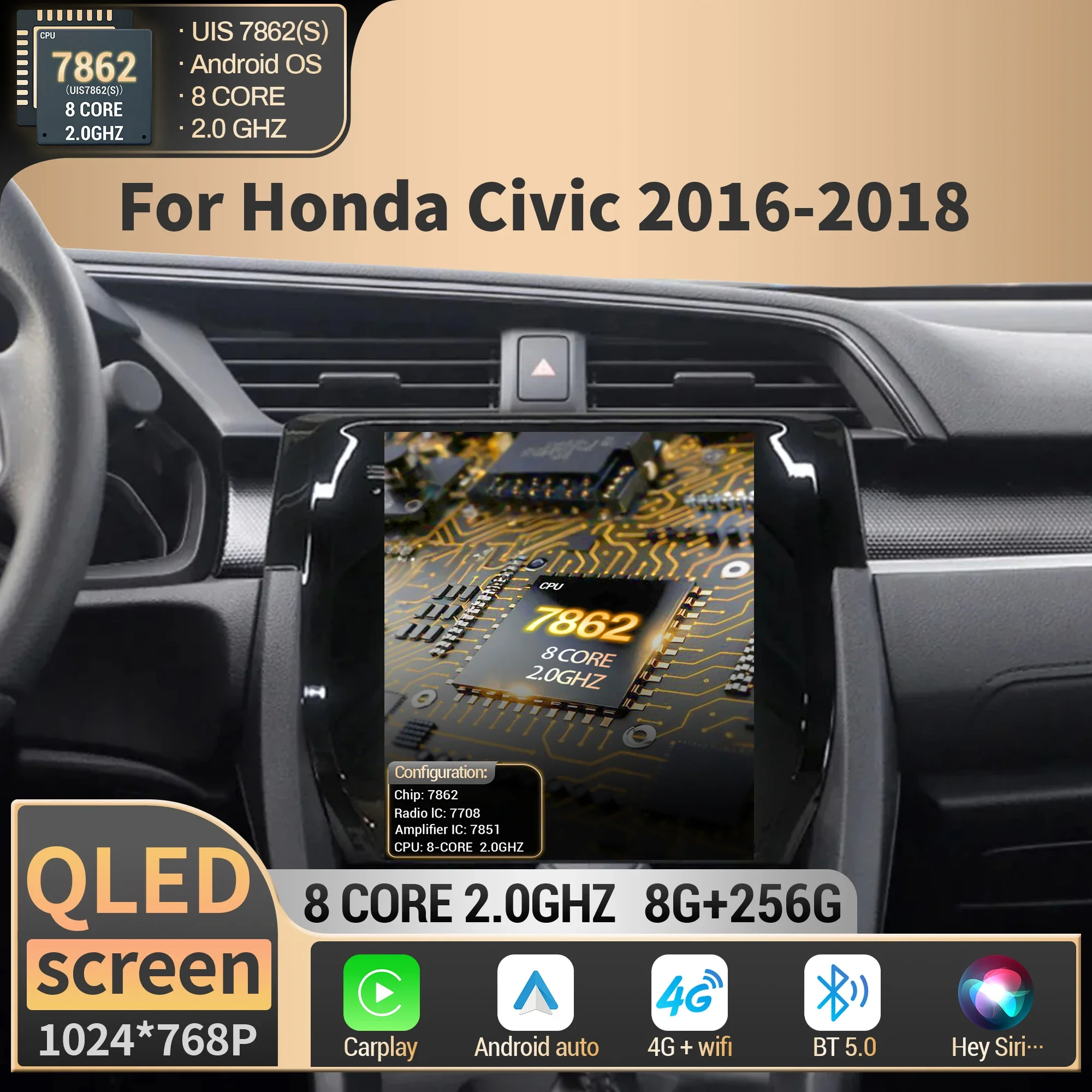 9.7 بوصة لهوندا سيفيك 2016 2017 2018 راديو السيارة الوسائط المتعددة الملاحة لتحديد المواقع اللاسلكية أندرويد BT CarPlay QLED شاشة ستيريو