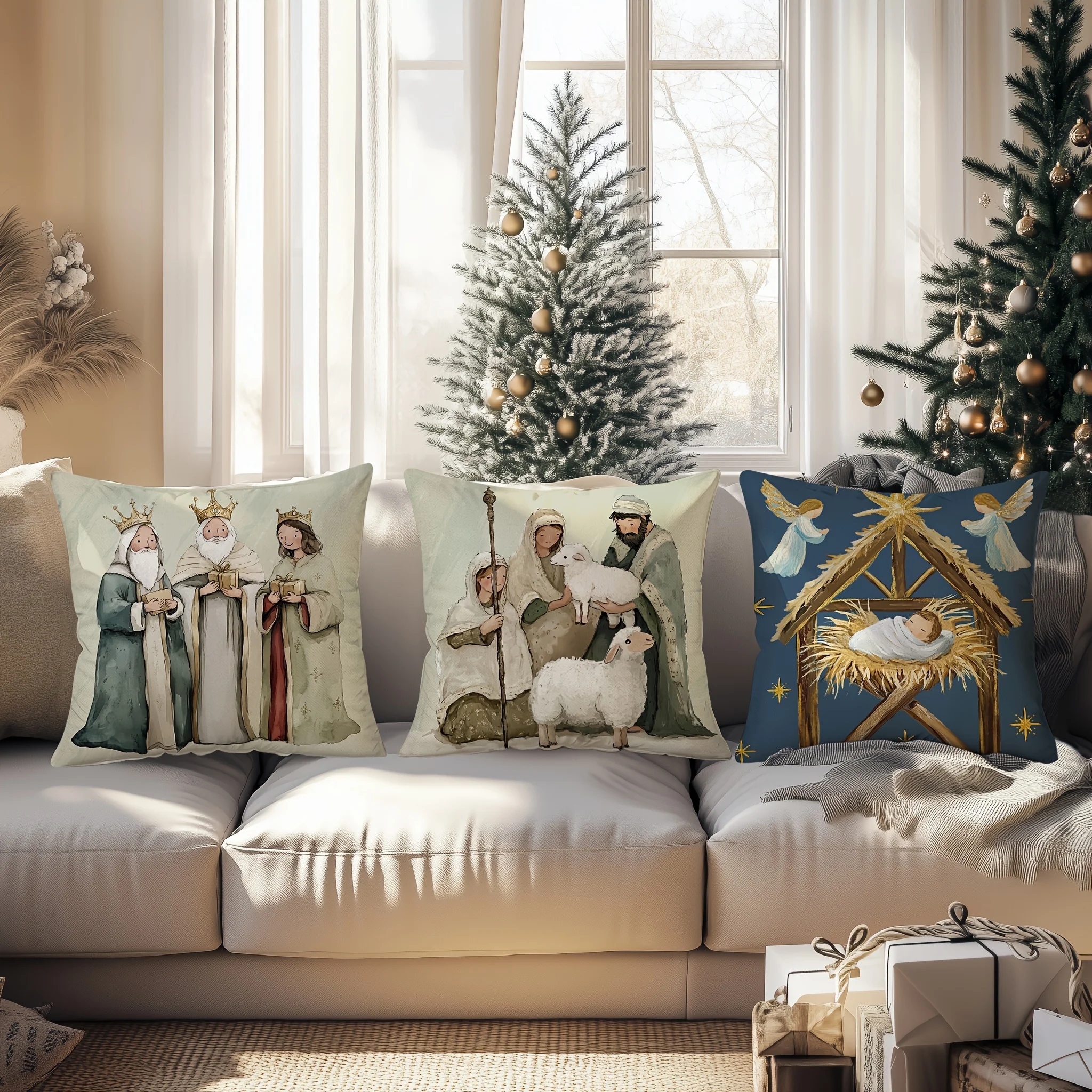 Christmas Nativity Scene Pillowcase Religious Art Christian Home Decor Holiday Pillow Cover Set Xmas Eve Divine Family Biblical
