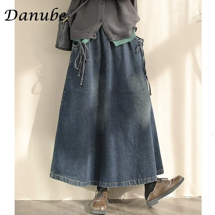 Vintage Blue Denim Skirts Women Harajuku Casual High Waist Cargo Split Jean Skirts Summer Japanese Lace-up Pockets A-linen Skirt