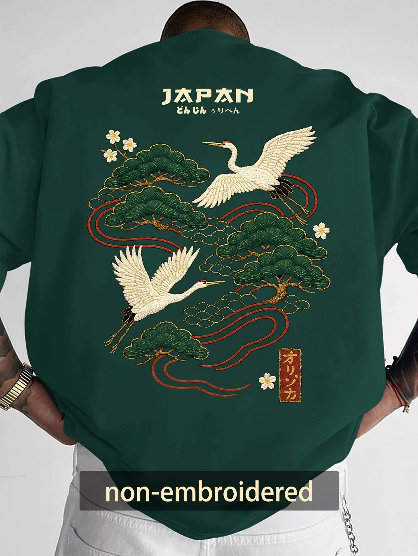 T-shirt pour homme de style japonais, imprimé grue, col rond, manches courtes, en polyester, avec dé