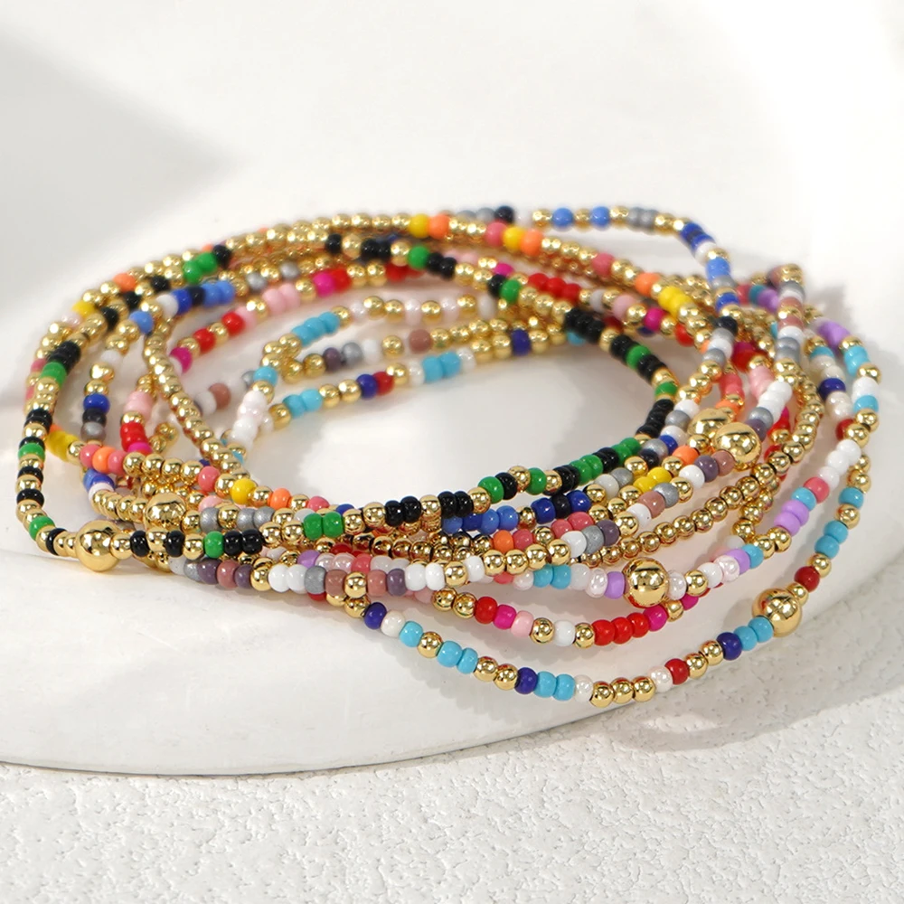 Bohemian Colorful Beaded Bracelets Women's Fashion Gold Color Ball Charm Bracelet Stackable Summer Beach Jewelry For Party Gifts