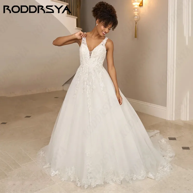 RODDRSYA ivoor trouwjurken voor vrouw Elegante mouwloze tule bruidsjurk illusie kant backless vestidos de novias 2024 Ivoor Bruidsjurk 2024 Bruid Elegante Mouwloos Tule Bruidsjurk Illusion Lace Backless vestidos de nov