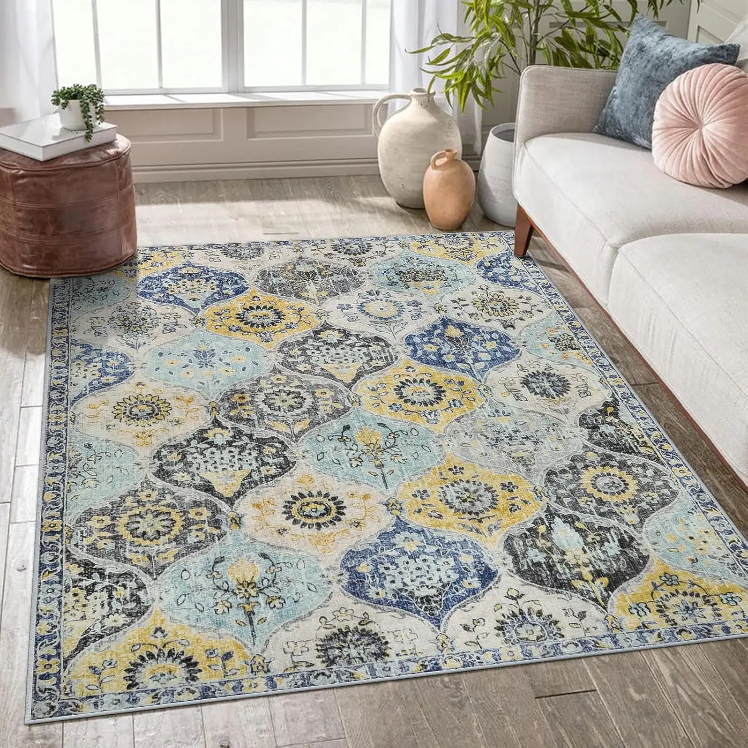 Moroccan Trellis Yellow Aqua Rug, Soft Fade Resistant Carpet for Bedroom Living Room Kitchen Office, Elegant Floor Decor