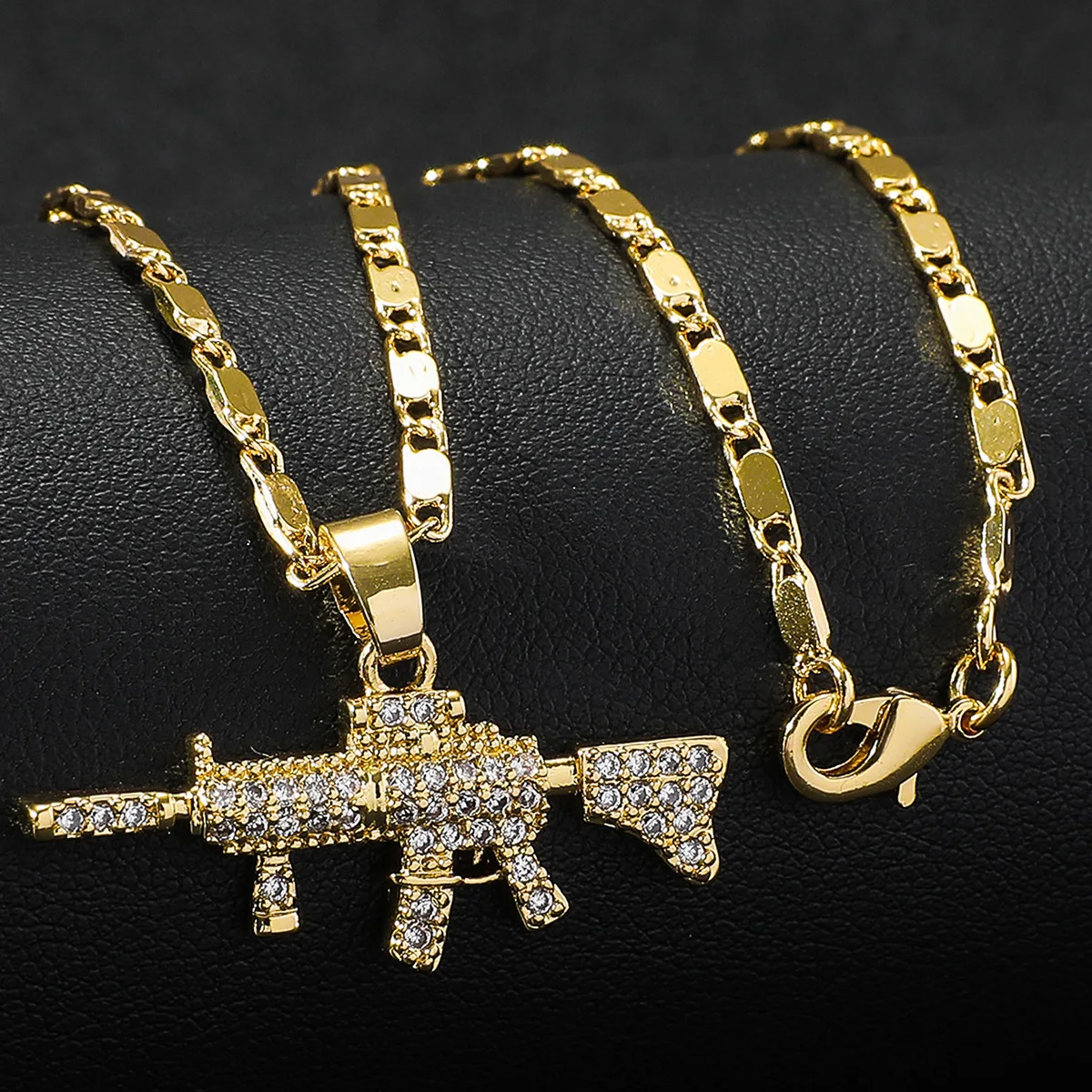 

Europe America Gold Color Fully Inlaid Zircon Submachine Gun Necklace UNISEX Eye Catching Hip Hop Party Music Festival Necklace