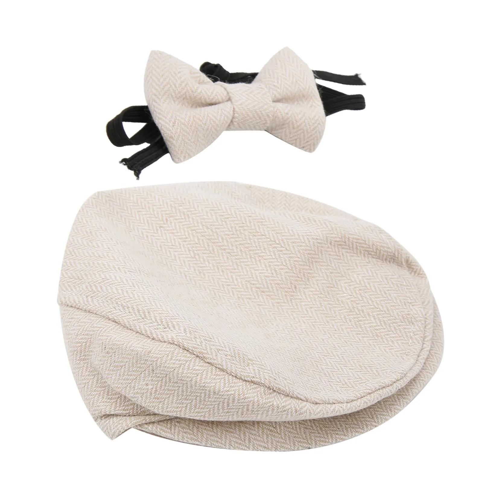 Flat Cap Gentleman Hat Bowtie Photography Prop Infant Newborn Baby Photography Props Set(Beige Gentleman Hat Bowtie)
