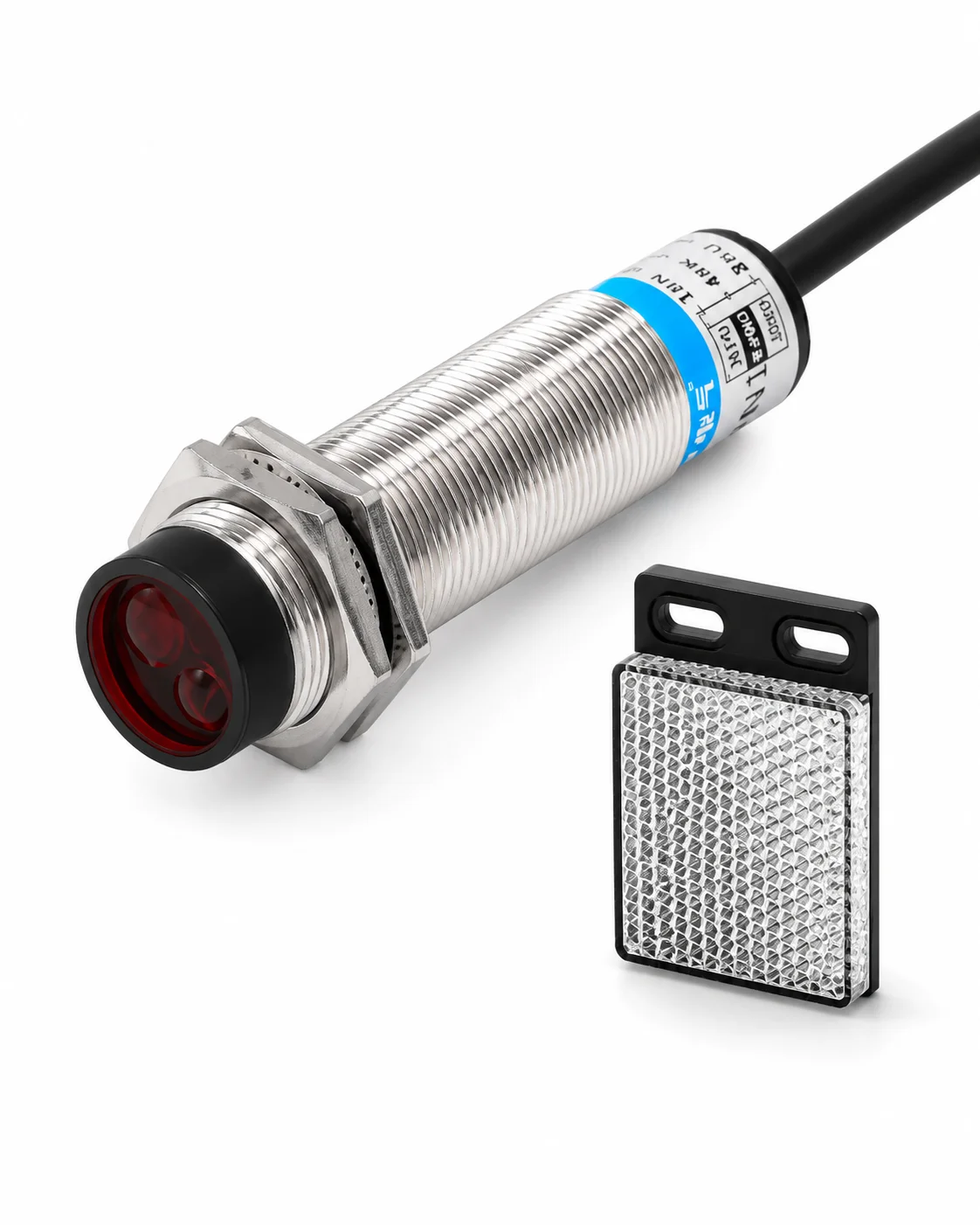 GTRIC M18 series laser diffuse photoelectric sensor, 10-30V, NPN/PNP type, 2mm sensing distance, adjustable up to 8 meters