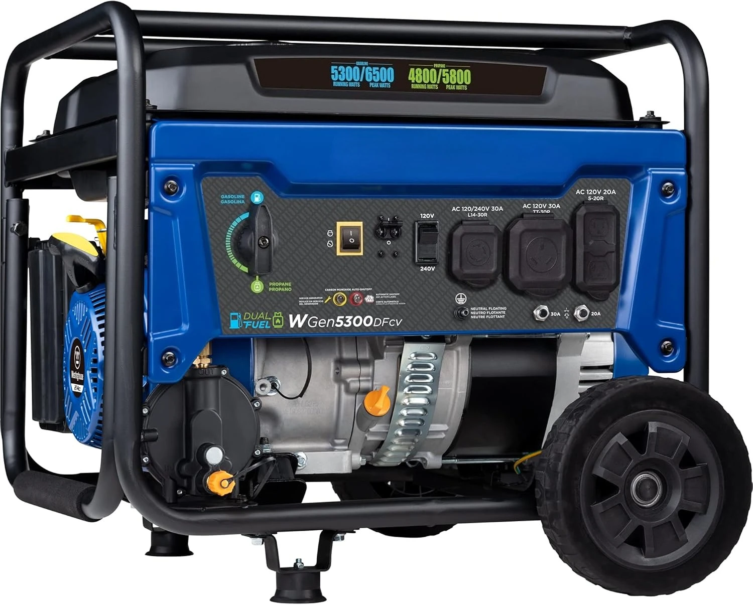 

6500 Watt Dual Fuel Home Backup Portable Generator, Transfer Switch Ready 30A Outlet, RV Ready 30A Outlet, CO Sensor