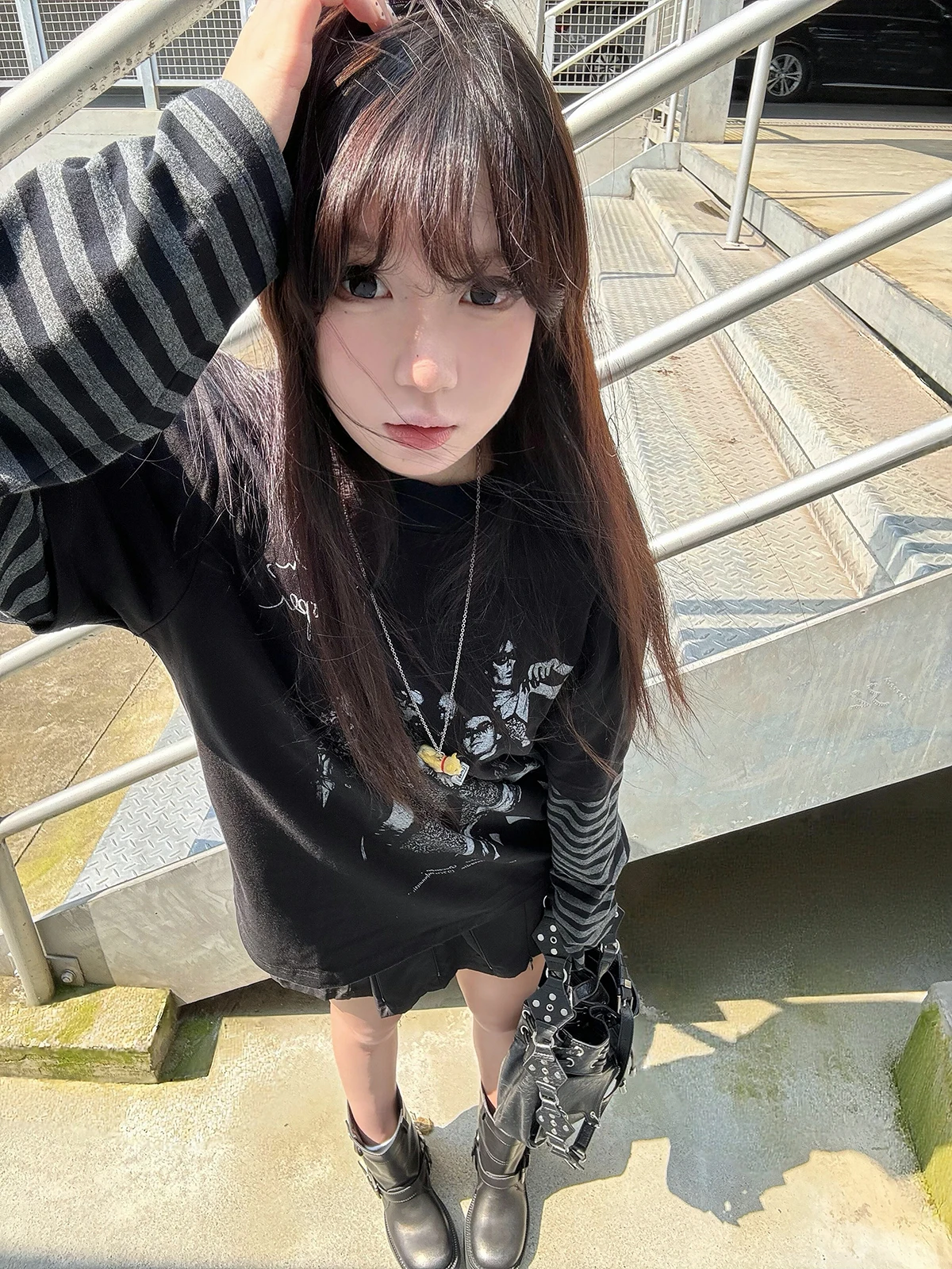 Street Style Sakura Stripe Print Long Sleeve T-Shirt Fake Two-Piece Top for Women Loose Fit Cotton round Neck Summer Fashion