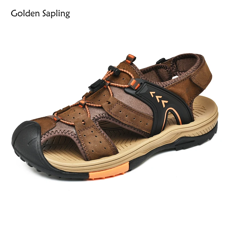 

Golden Sapling Outdoor Men's Sandals Genuine Leather Flats Retro Mountain Trekking Footwear Classics Summer Beach Shoes for Men