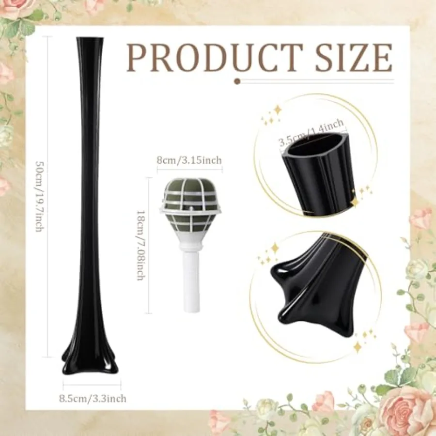 4 Pcs 20'' Eiffel Tower Vases for wedding and bridal shower decor black glass material elegant black color includes 6 foam bouq
