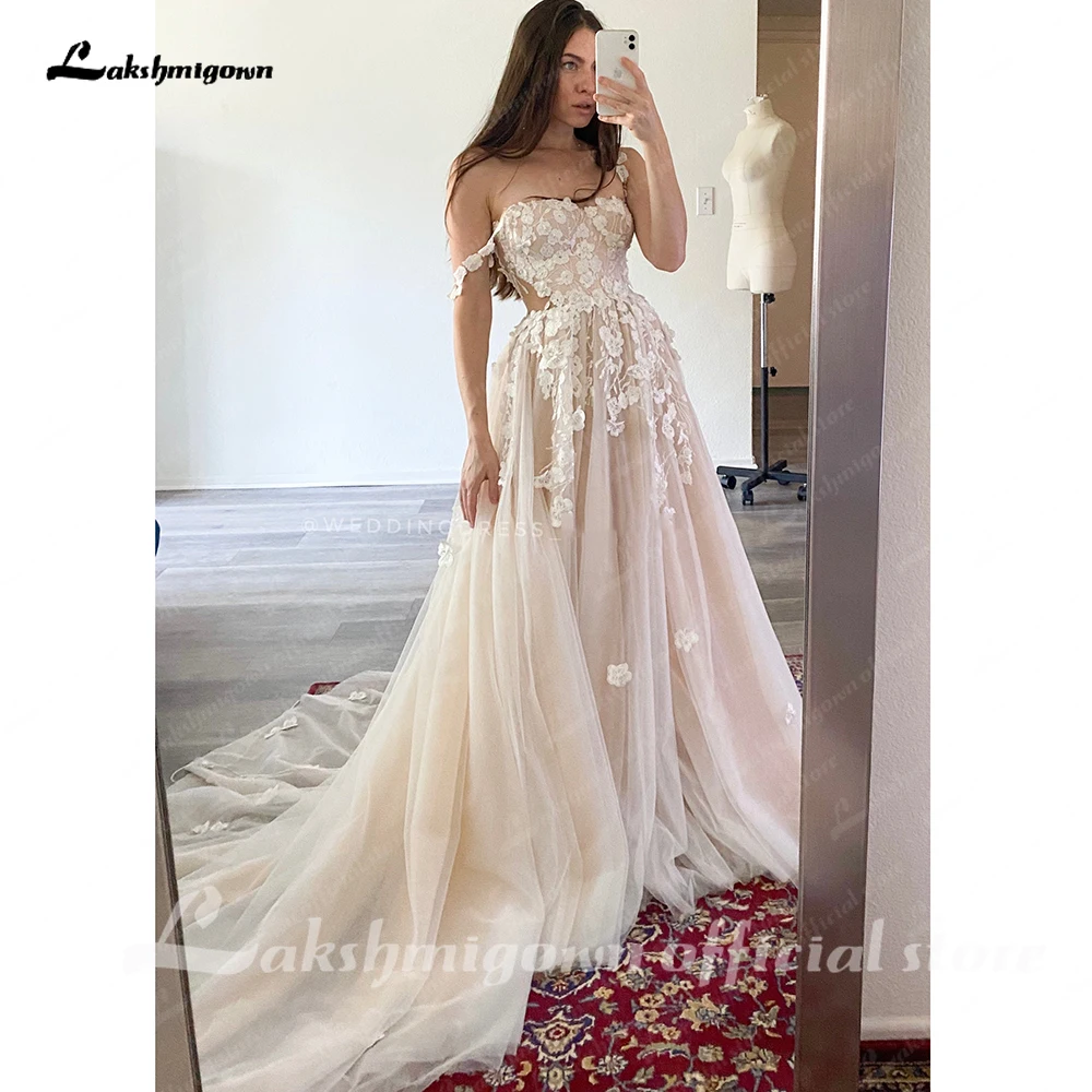 Lakshmigown Hellchampagnerfarbene Hochzeitskleider mit 3D-Blumen, Spaghettiträgern, A-Linie Hochzeitskleid, Strand-Hochzeitskleider nach Maß – Detail 5