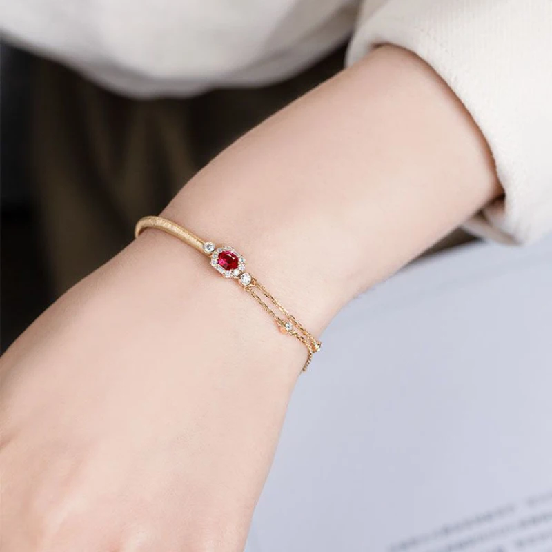 Classic Ruby Half Chain Charm Bracelet Party Wedding Jewelry New In Oval Pendant Irregular  Light luxury Bangles for Women Gift