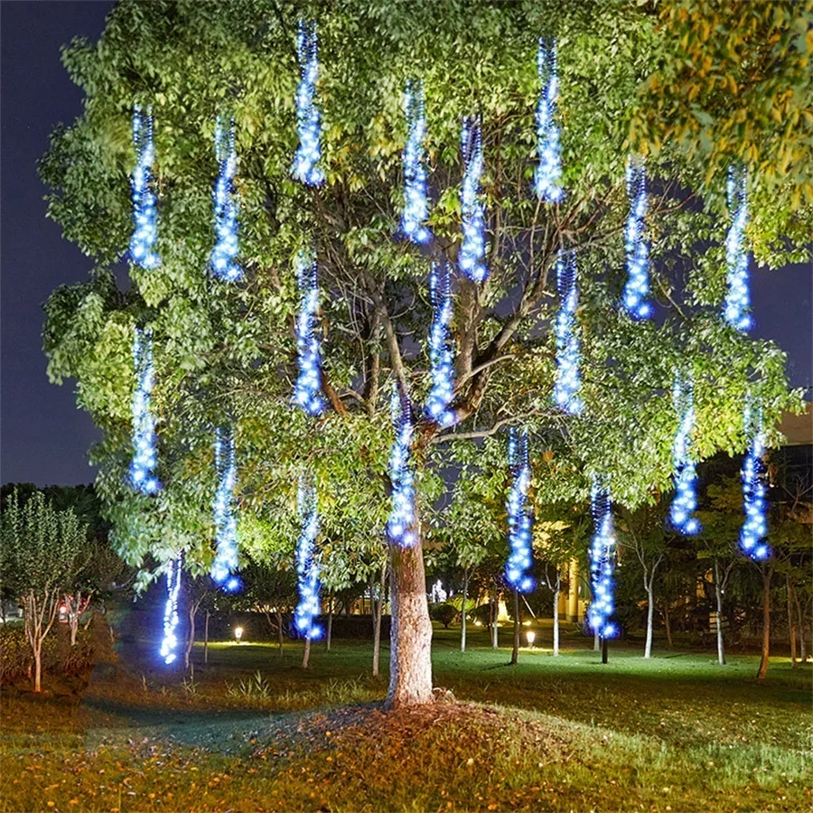 Luci a pioggia per pioggia di meteoriti Luci natalizie per esterni Petardo Luce per neve che cade Goccia di pioggia Lucine per ghiaccioli per la decorazione dell'albero