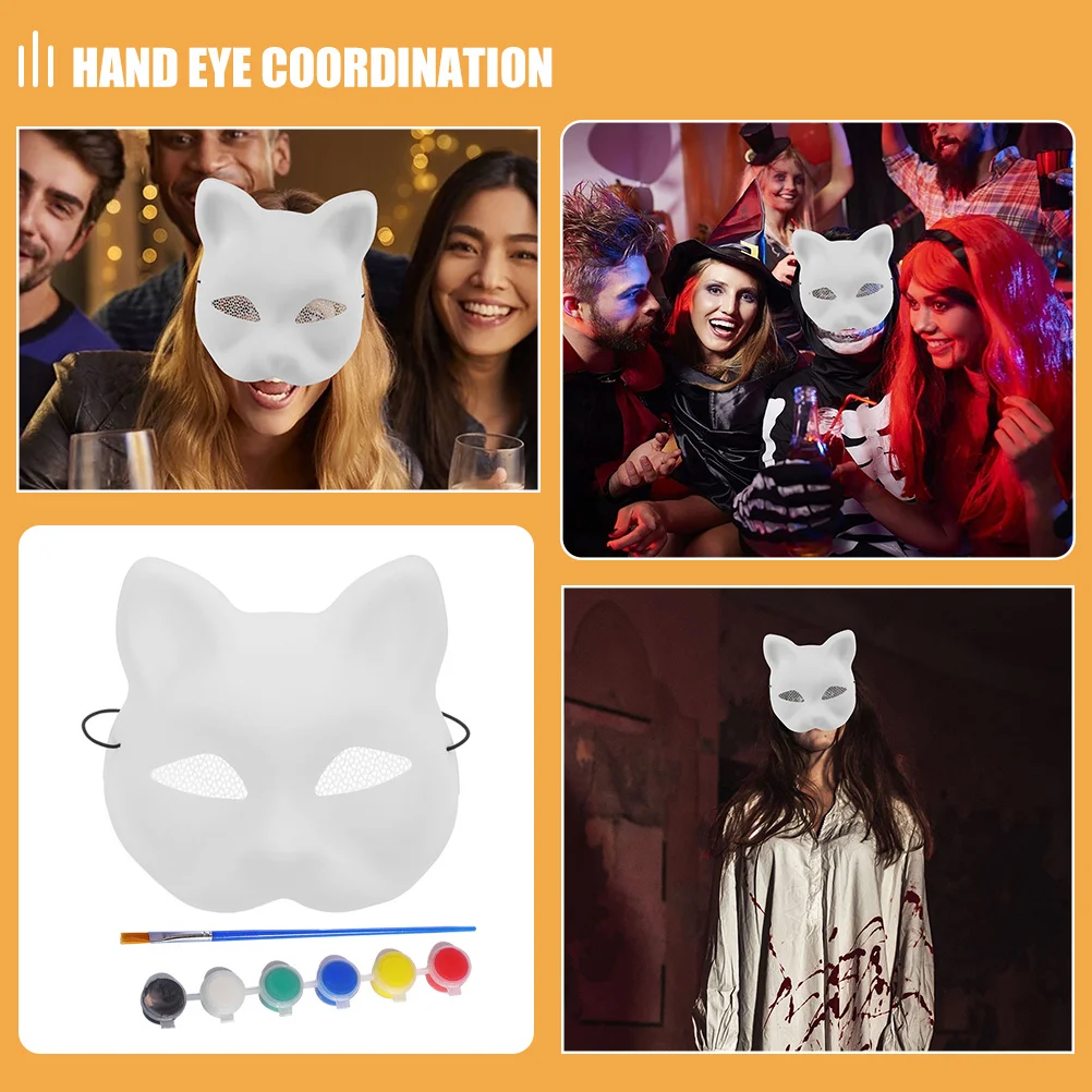 1Set Blank Cat Face Mask Matte White Plastic Half Mask Paintable DIY Halloween Cosplay Masquerade Animal Costume