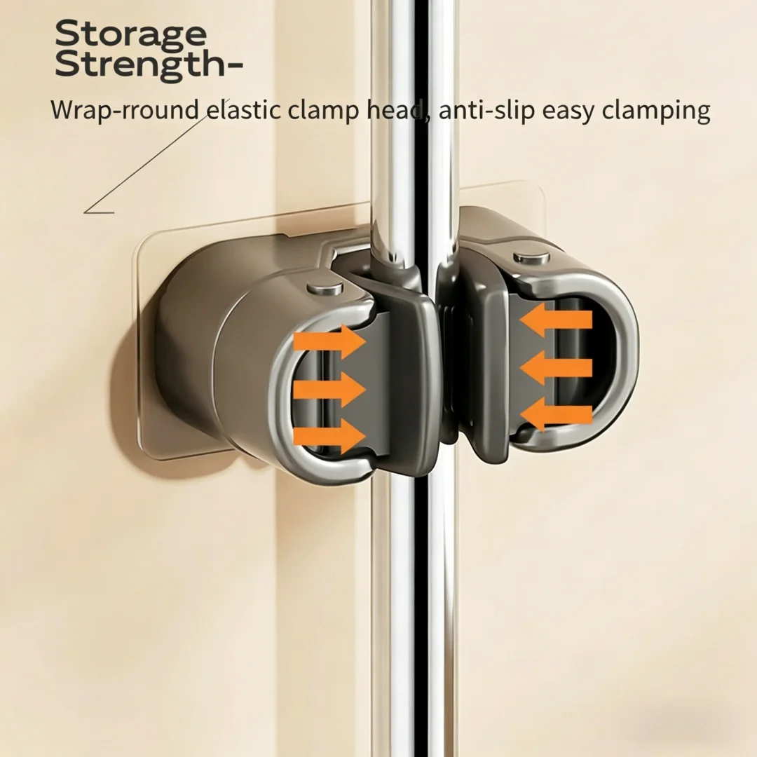 No Drill Mop Clip, Wall Mounted Self Adhesive Broom Hanger, Heavy Duty Storage Holder for Bathroom Kitchen