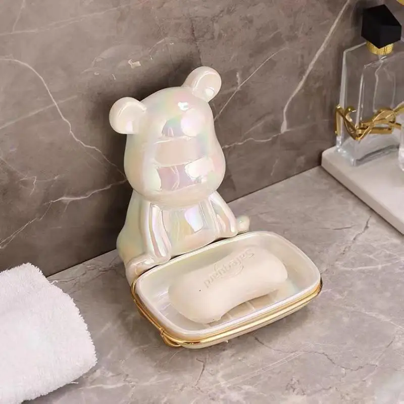 Ceramics Bear Soap Dish Punch-Free Wall Hanging Soap Holder Luxury Bathroom Accessories Ins Soap Tray Bathroom Storage Rack