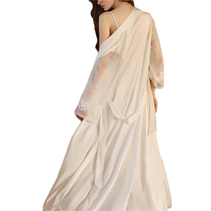 

Women's Long-Sleeved V-Neck Satin Extra-Long Nightgown Spa Dressing Gown Bathrobe Nightgown