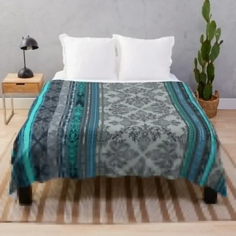 

Teal, Aqua & Grey Vintage Bohemian Wallpaper Throw Blanket Quilt bed plaid Blankets