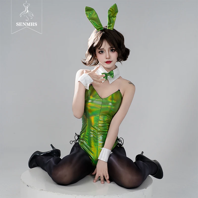 

SENMHS Original Anime Kawaii Bunny Girl Cosplay Costume Women Sexy Laser Patent Leather Bodysuit School Girl Uniform Lingerie