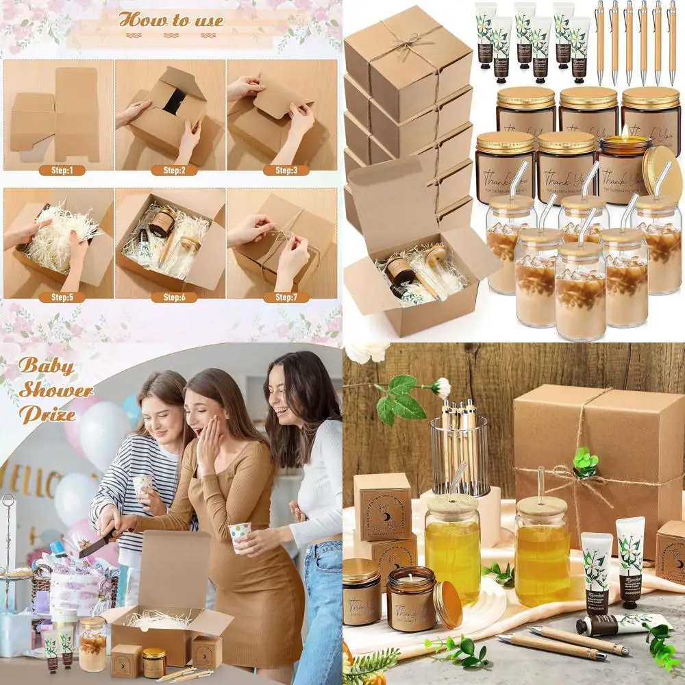 

6 Baby Shower Game Gifts: Glass Cups, Scented Candles, Hand Cream, Pens, & Gift Boxes with Raffia for Guests (Khaki)