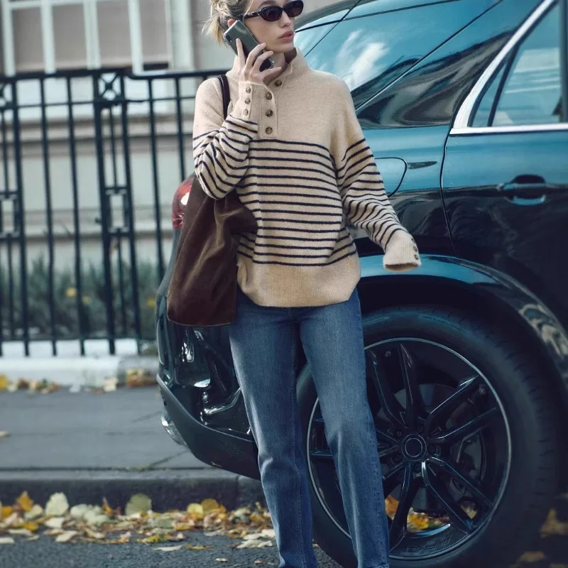 New Women's Knitwear for Autumn Winter: Semi-high Neck Striped Sweater, Knitted Sweater for Women Mock Turtleneck Relaxed Fit