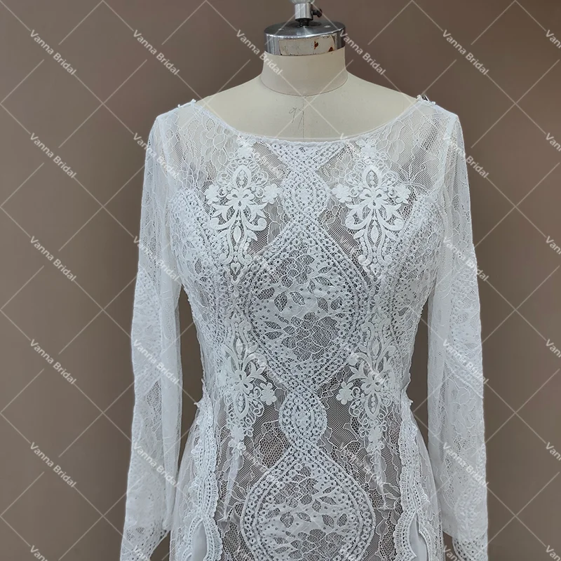 Robe de mariée en dentelle Boho Elopement Beach, manches longues, col bateau, sur mesure, drop sunshine, grande taille, perles, mousseline de soie, patients, quoi que ce soit