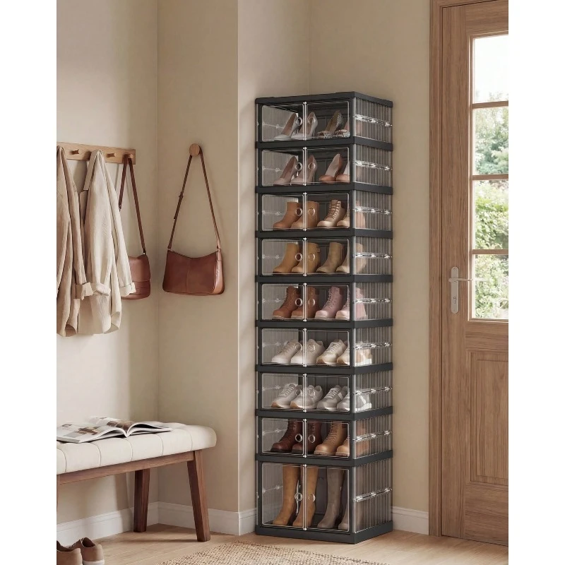 Foldable Shoe Storage Organizer, 9-Tier For 18 Pairs Stackable Sneaker Cabinet With Magnetic Door, Plastic Bins For Closet, Entryway Thanks to the one-piece folding design, this shoe rack can be set up in 3 steps without any tools